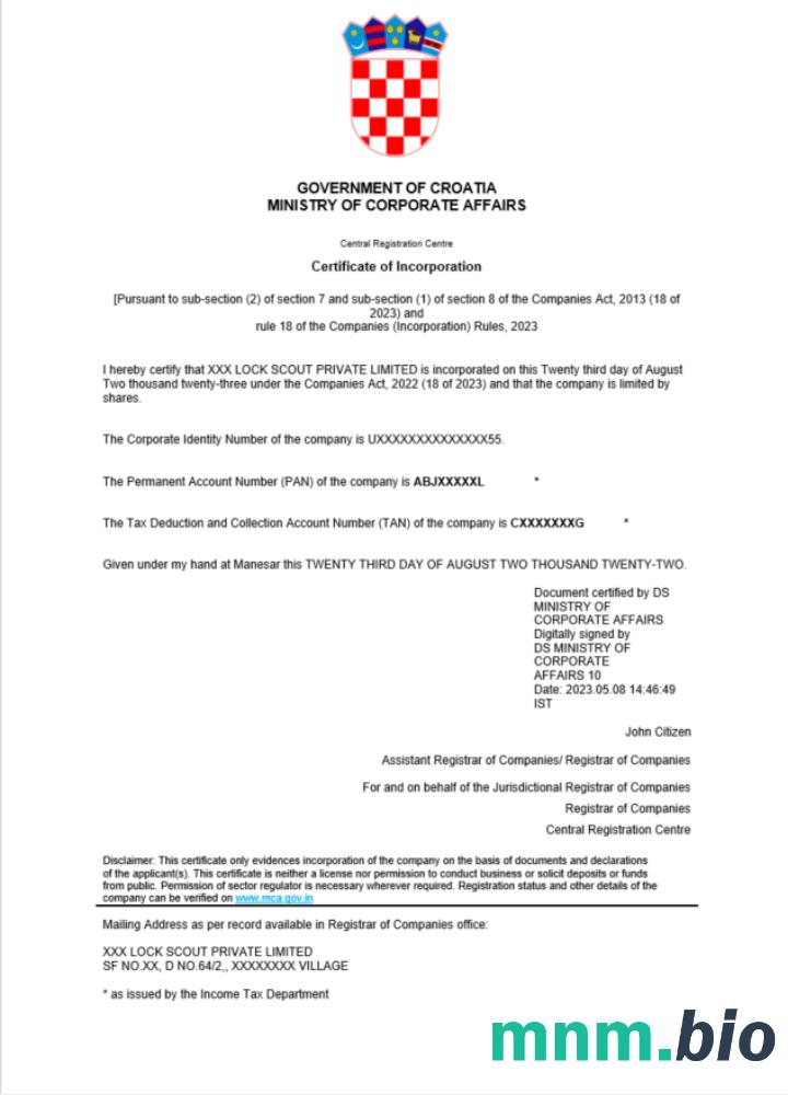 Chorwacja certyfikat rejestracji Word i PDF szablon